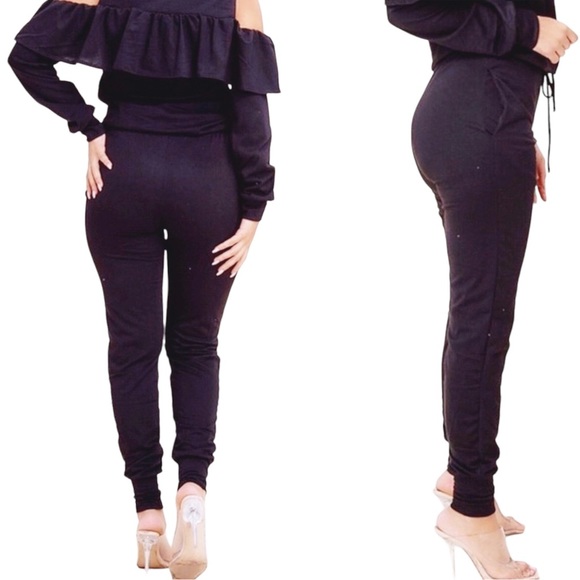 Ruffle Detail Cold Shoulder Peek A Boo Jogger Set Black NWT - Picture 2 of 6